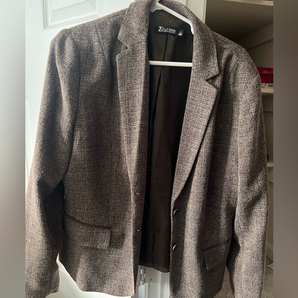 Brown tweed like blazer and matching skirt suit